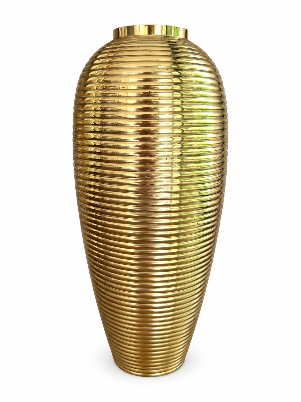 Vintage Brass Ribbed Vase 12" Tall Mid Century Modern Gold Decor